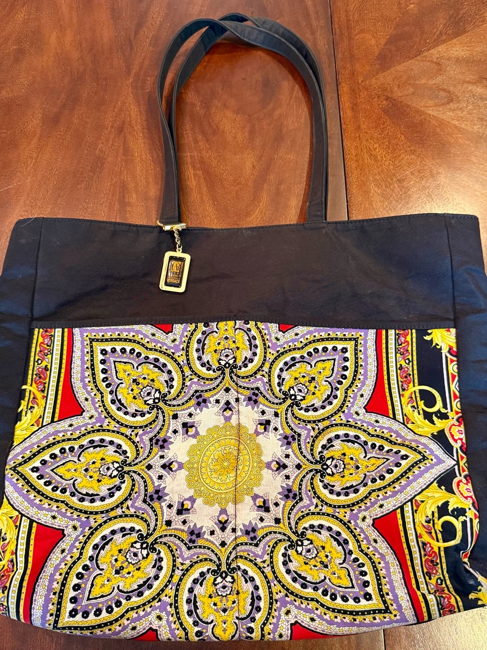 Black Tote Bag with Yellow & Red Medallion Print